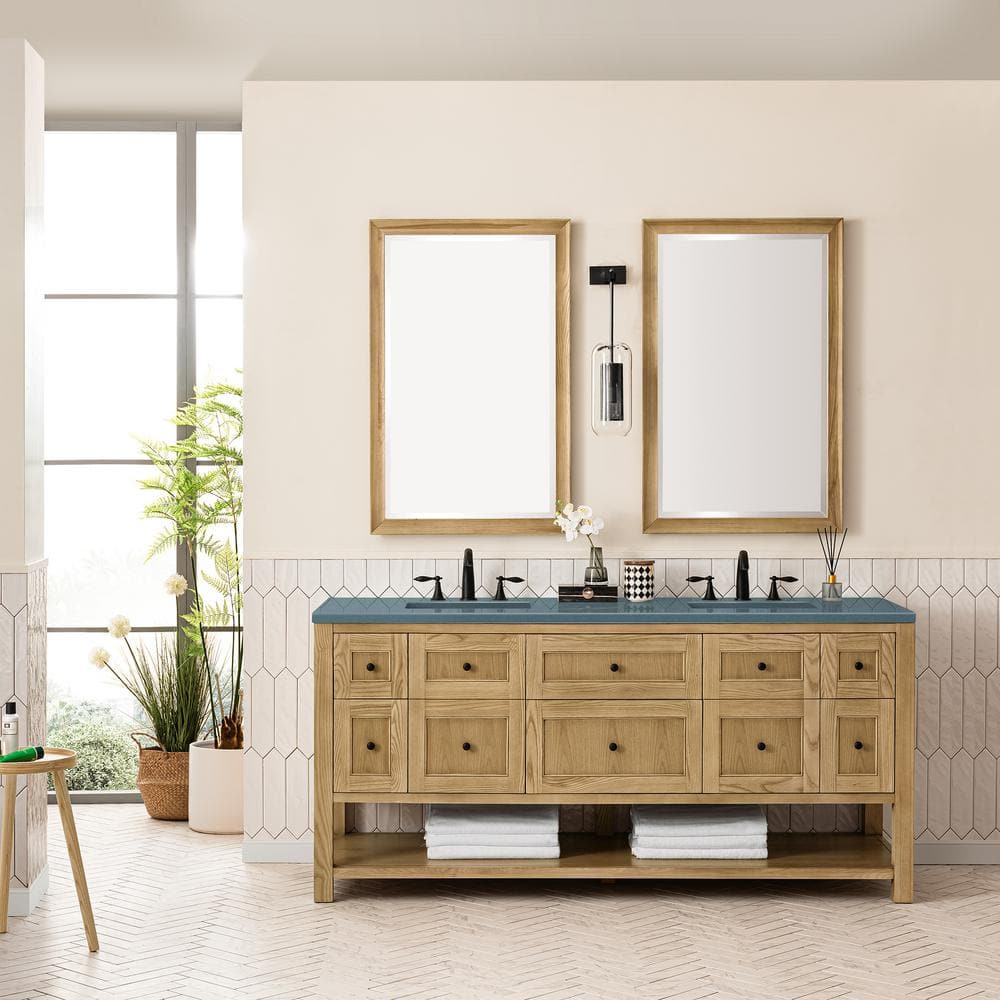 Breckenridge 72" Light Natural Oak Double Vanity Base with Matte Black Knobs