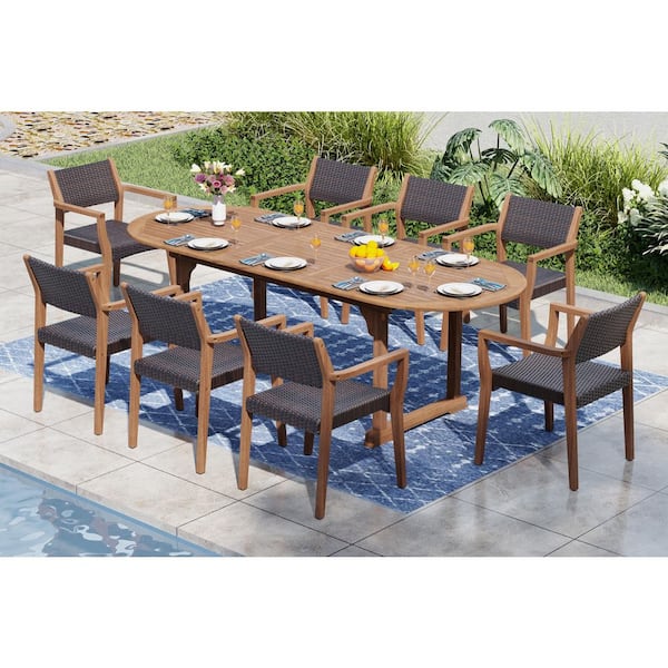 Dark Brown 9-Piece Wood Patio Outdoor Dining Set With Extendable Table and Wood Rattan Chairs