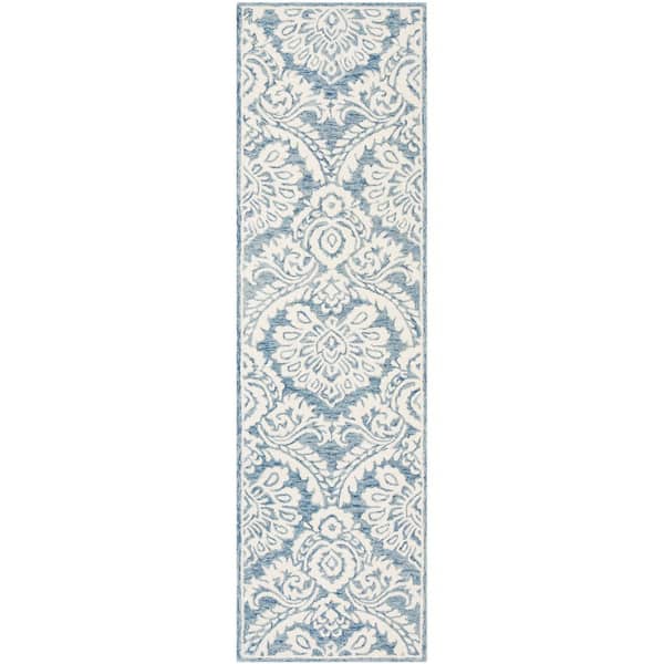 Blossom 2 ft. x 10 ft. Blue/Ivory Damask Runner Rug