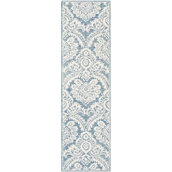 Blossom 2 ft. x 20 ft. Blue/Ivory Damask Runner Rug