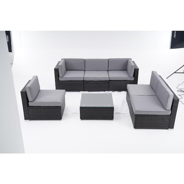 7 Pieces PE Wicker Outdoor Sectional with Gray Cushion WYBZJKF45