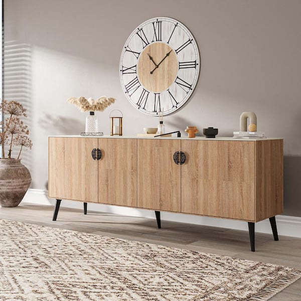 Manhattan Comfort Haley Natural and Nude Composite Wood 78.74 in. Mid-Century Modern Sideboard