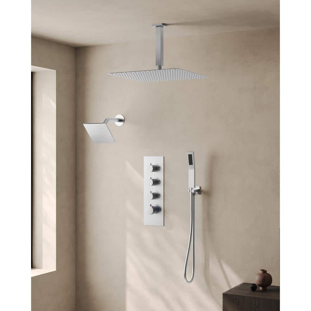 Brushed Nickel Dual Shower Head System with Thermostatic Valve