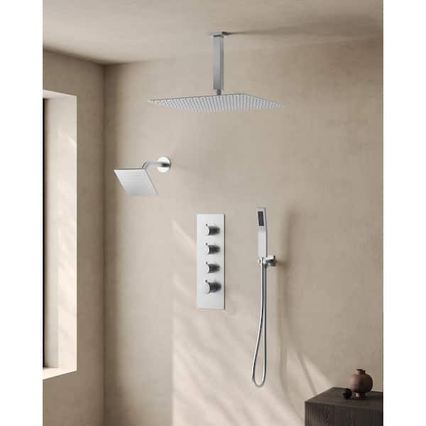 7-Spray 16 and 6 in. Dual Shower Heads Ceiling Mount Fixed and Handheld Shower Head in Brushed Nickel (Valve Included)