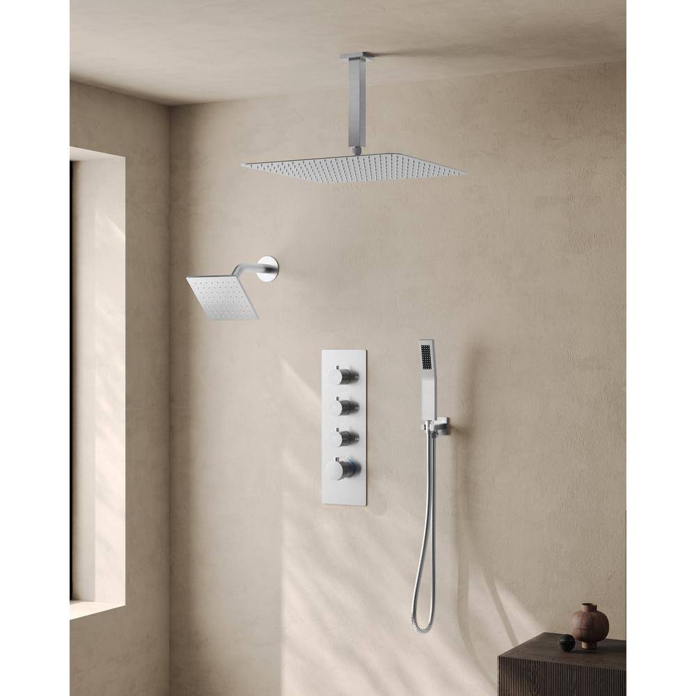 Brushed Nickel Dual Shower Head System with Thermostatic Valve