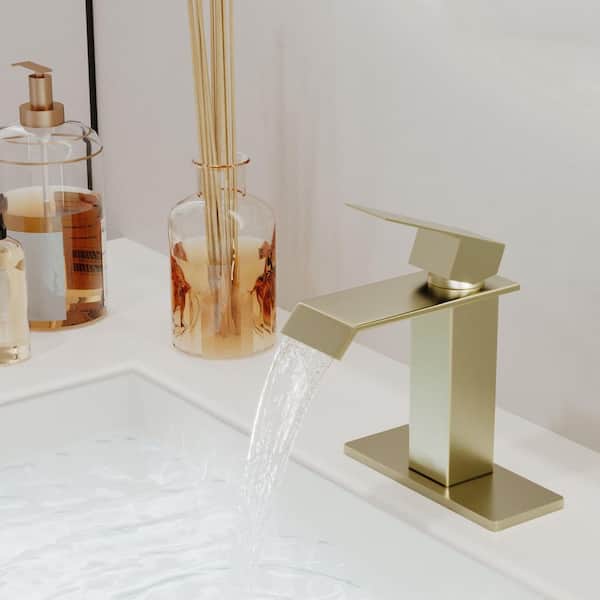 Single Handle Stainless Steel Bathroom Faucet Sink Faucet with Deckplate Included in Brushed Gold
