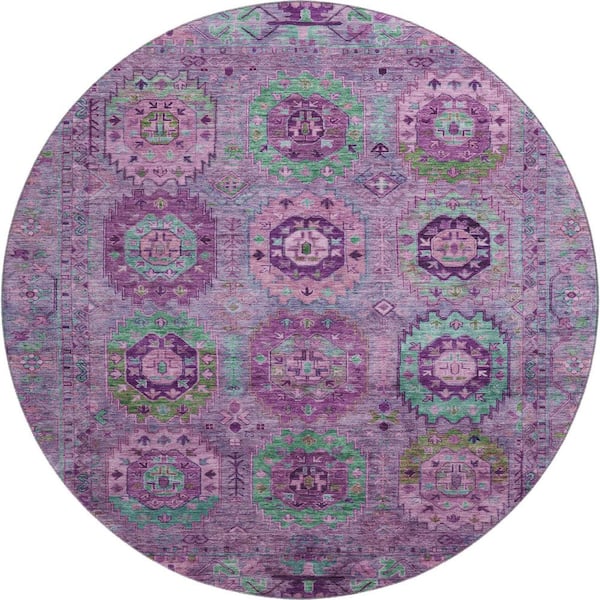 Mayfield Premium Machine Washable Abstract AMF2228 Purple 8 ft. x 8 ft. Round Rug