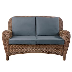 Beacon Park Brown Wicker Outdoor Patio Loveseat with Sunbrella Denim Blue Cushions