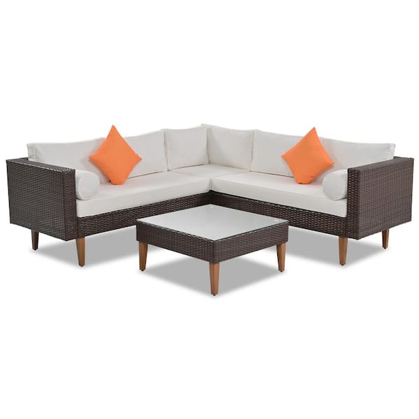 Sudzendf 4-Pieces Outdoor Wicker Sofa Set, Patio Furniture L-shape sofa set, with Beige Cushions