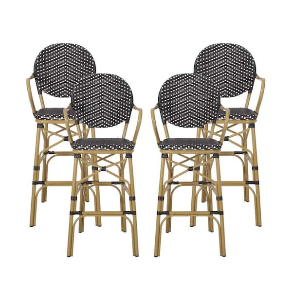 Noble House Ladieu Black and White Aluminum and Wicker Outdoor Patio Bar Stool (4-Pack)