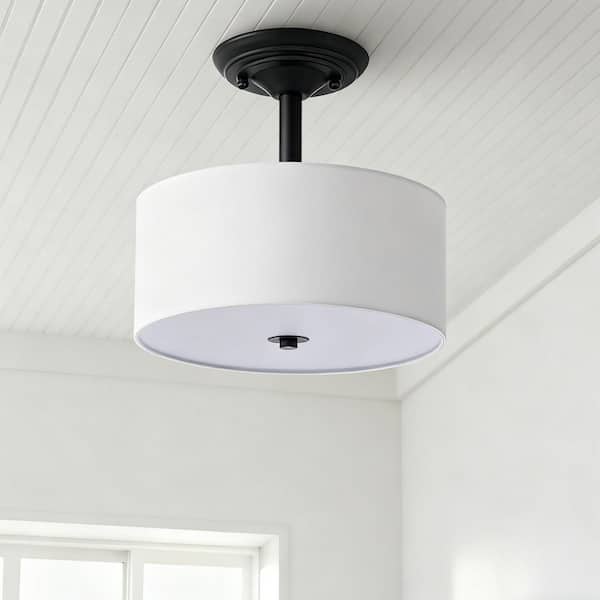 13 in. 2-Light Matte Black Semi-Flush Mount Light with Fabric Drum Shade