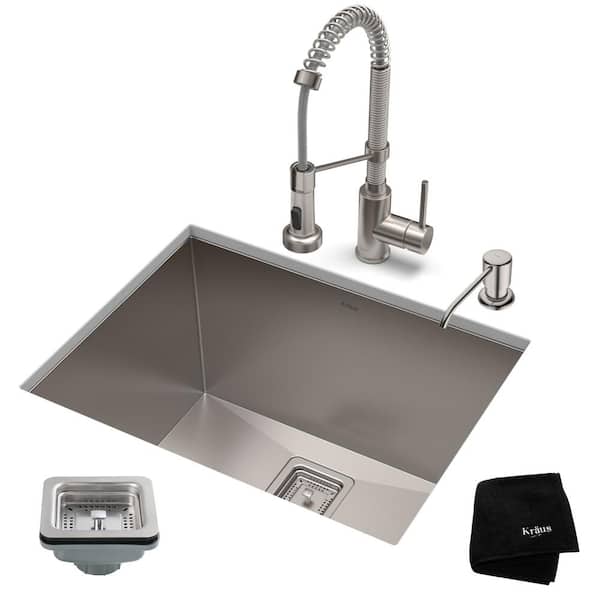 KRAUS Pax 24 in. Undermount Single Bowl Stainless Steel Kitchen Sink with Faucet in Stainless Steel