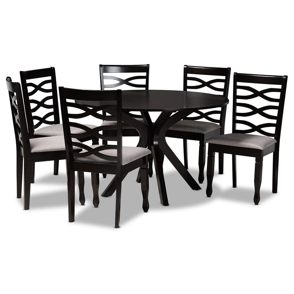 Mila 7-Piece Dark Brown Wood Dining Set with Grey Upholstered Chairs