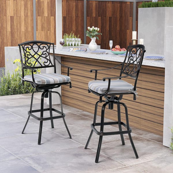 Pellebant Antique Swivel Cast Aluminum Outdoor Bar Stool with Sunbrella Cushion (2-Pack) in Milano Char Color