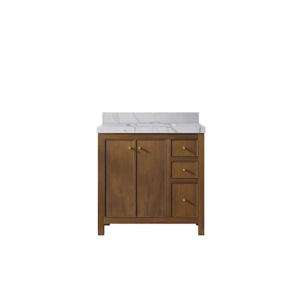 Willow Collections Chicago Teak 36 in. W x 22 in. D x 36 in. H Center Sink Bath Vanity in Dark Natural with 2" Venatino Qt. Top