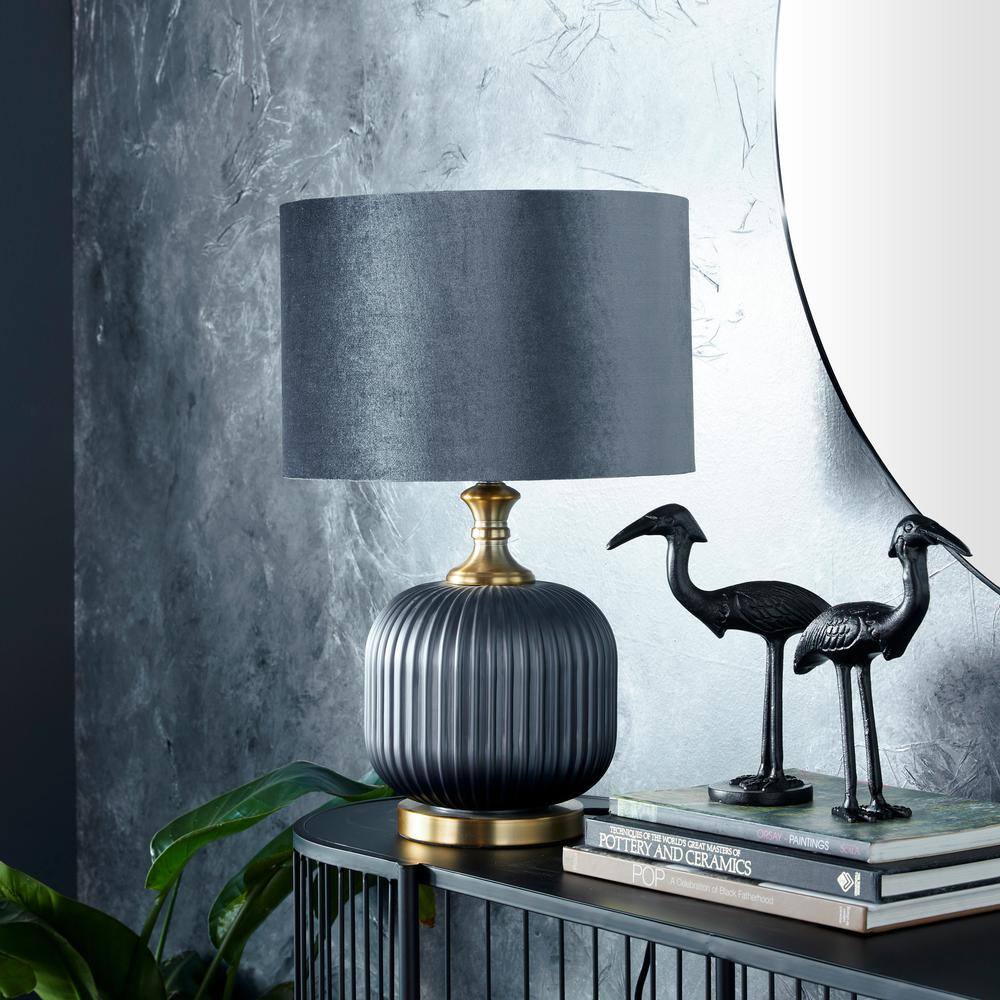 20" Matte Blue Glass Table Lamp with Velvet Shade and Gold Base