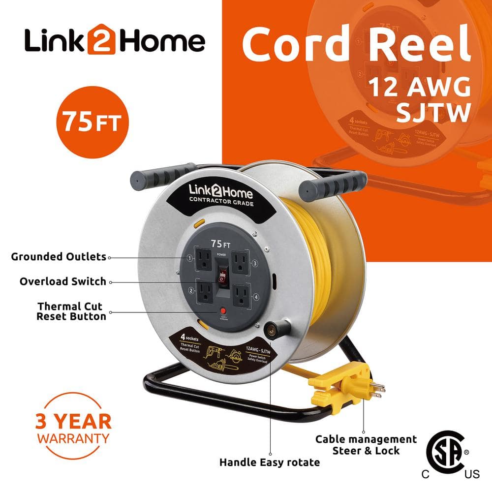 Link2Home EM-CG-750-N 75 ft. 12/3 Extension Cord Storage Reel with 4 Grounded Outlets and Overload Circuit Breaker 75 ft. 12/3 Extension Cord Storage Reel with 4 Grounded Outlets and Overload Circuit Breaker - 1