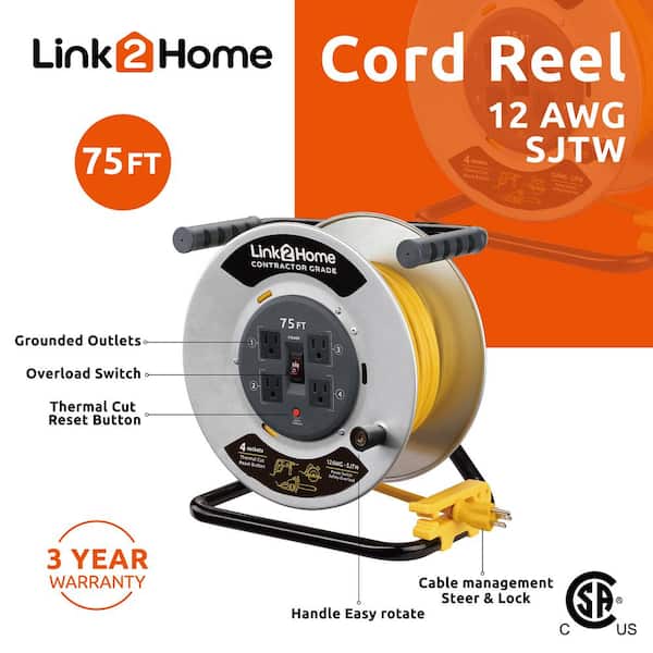 Contractor Grade Cord Reel 50 ft. Extension Cord 4 Power Outlets - 12 AWG  SJTW Cable