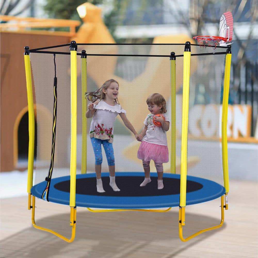 5.5 ft. Yellow Round Mini Toddler Trampoline with Safety Enclosure and Basketball Hoop