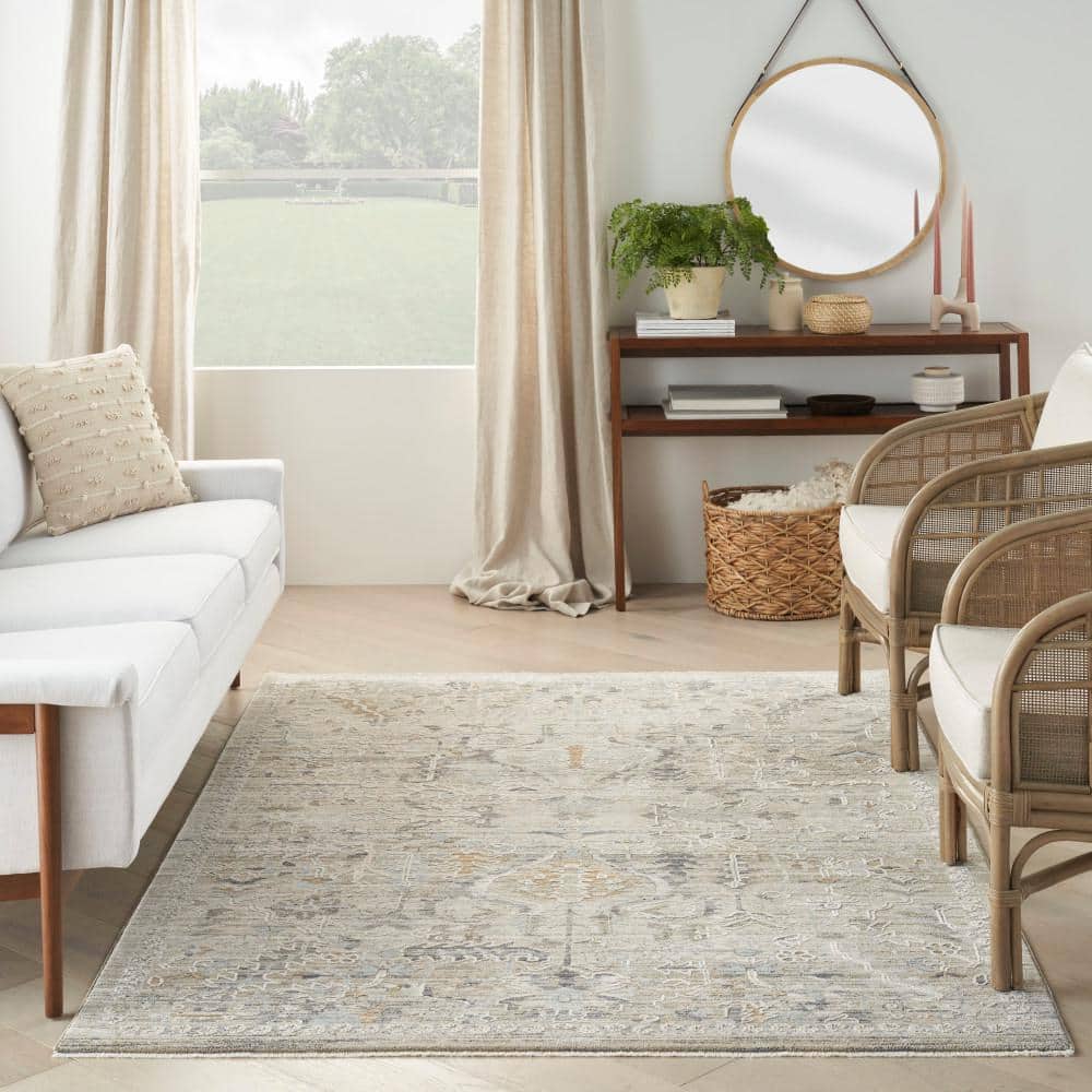 Ivory Taupe Floral Synthetic Easy-Care Area Rug 5'3" x 7'10"
