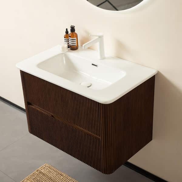 NOOR 30 in. W Single Sink Wall-Mounted Bath Vanity in Deep Walnut with White Ceramic Top
