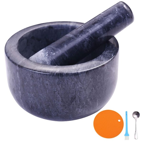 Natural Marble Dark Gray Mortar and Pestle Set Polished Finish Spice Grinder with Silicone Pad, Spoon, Brush