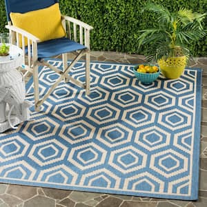 Courtyard Blue/Beige 7 ft. x 7 ft. Kilim Tribal Indoor/Outdoor Patio  Square Area Rug