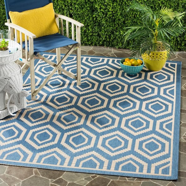 Courtyard Blue/Beige 8 ft. x 8 ft. Square Geometric Indoor/Outdoor Patio  Area Rug