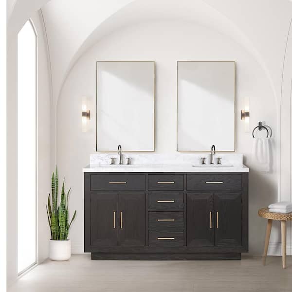 Lexora Condor 60 in W x 22 in D Brown Oak Double Bath Vanity, Carrara Marble Top, and 28 in Mirrors
