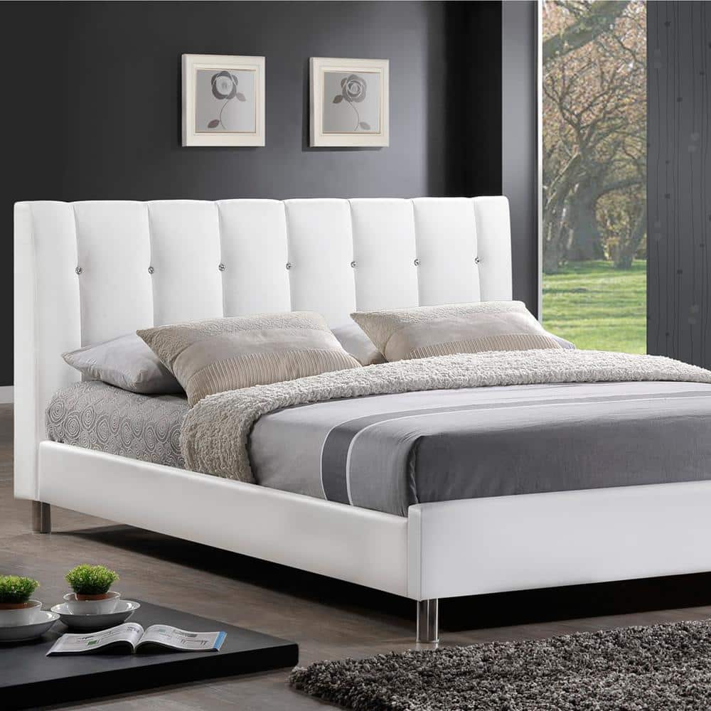 White Full Faux Leather Upholstered Platform Bed with Tufted Headboard