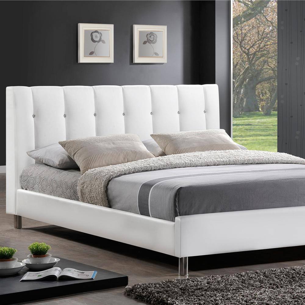 White Queen Faux Leather Upholstered Platform Bed with Tufted Headboard