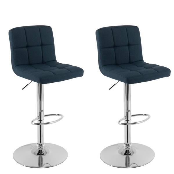 CorLiving Adjustable Height Dark Blue Mid-Back Square Panel Fabric Bar Stool (Set of 2)