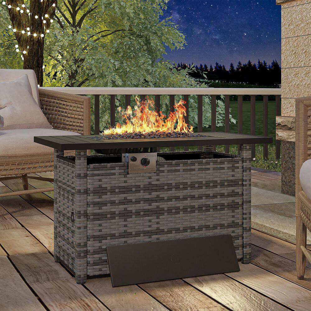 44 in. Gray 5000 BTU Wicker Rectangular Outdoor Fire Pit Table with Lid, Fire Glass Beads, and Waterproof Cover price history on PriceWatchPro