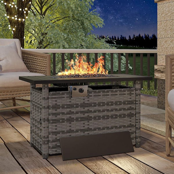 44 in. Gray 5000 BTU Wicker Rectangular Outdoor Fire Pit Table with Lid, Fire Glass Beads, and Waterproof Cover