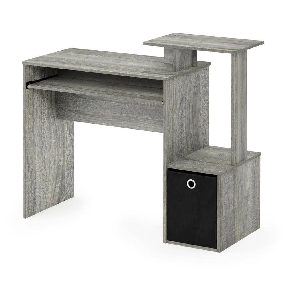 Compact French Oak Grey Computer Desk with Keyboard Tray and Storage Bin
