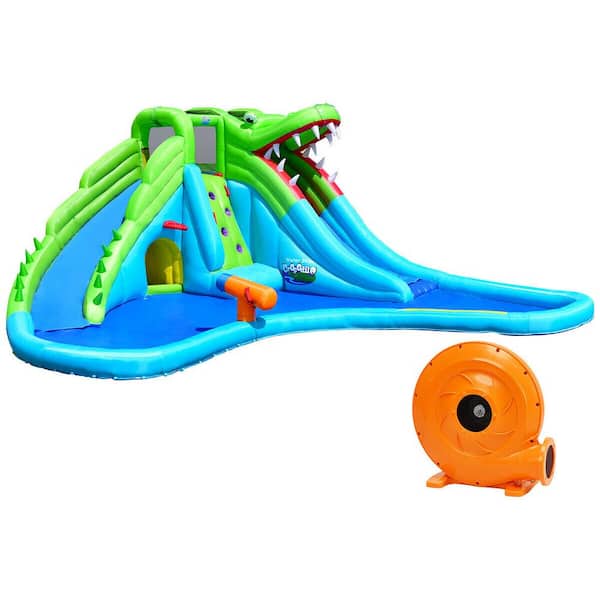 Crocodile Inflatable Water Slide Park Dual Slides Climbing Wall and Splash Pool