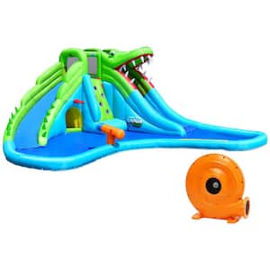 Crocodile Inflatable Water Slide Park Dual Slides Climbing Wall and Splash Pool