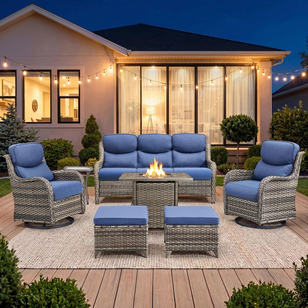 Sialion Gray 7-Piece Wicker Fire Pit Conversation Set Outdoor Deep Seating Swivel Glider Chairs with 5 in. Bule Cushions price history on PriceWatchPro