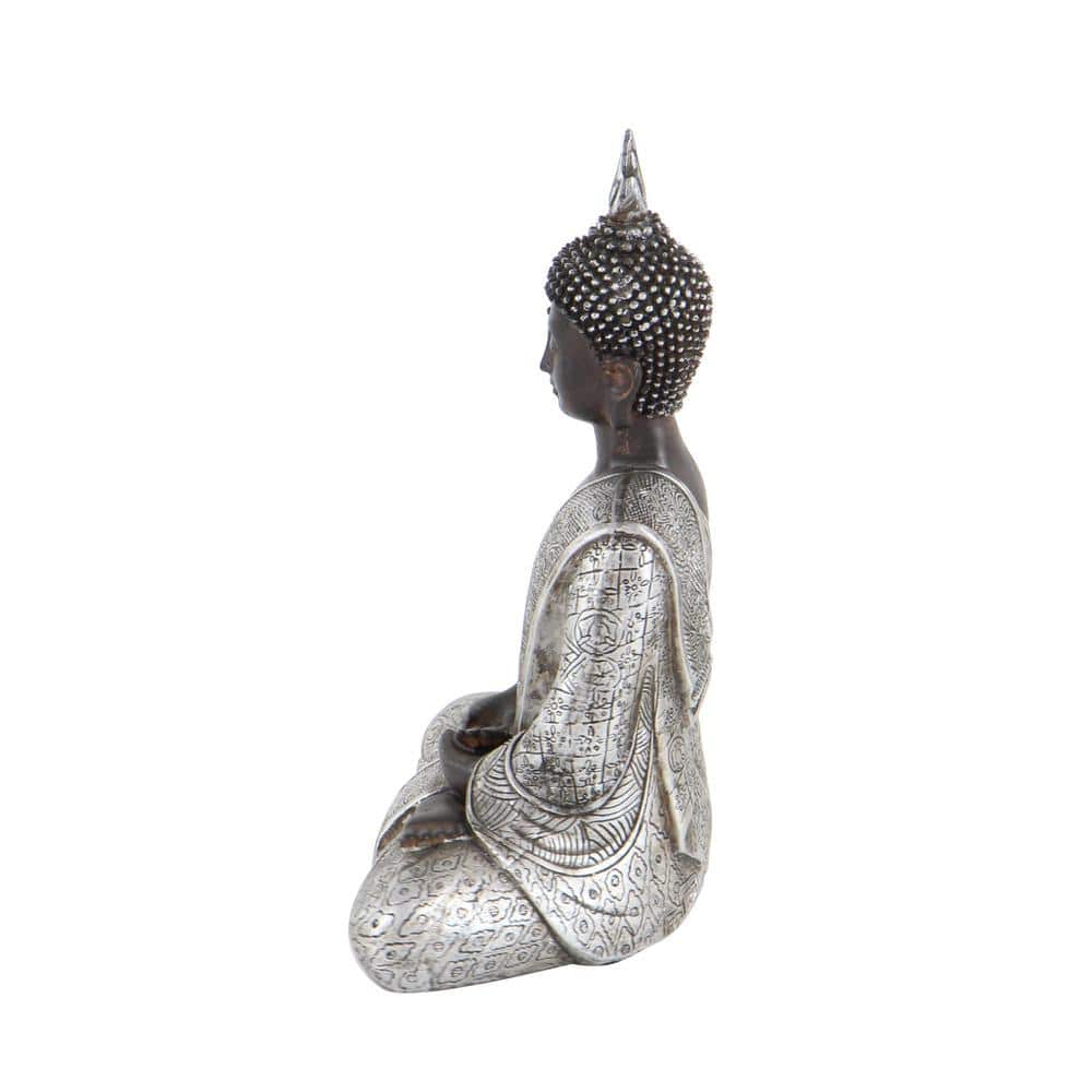 Black and Silver Polystone Meditating Buddha Statue with Engraved Patterns