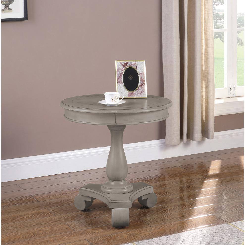 Antique Gray Round Wood Pedestal End Table