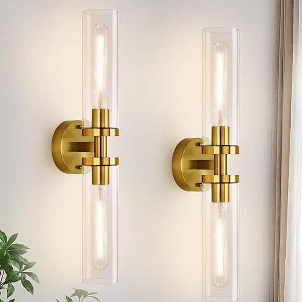 21.3 in.2-Light Gold LED Wall Sconce,Natural Alabaster Modern Glass Globe Wall Light for Bedroom, Bathroom, Living Room
