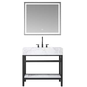 Ecija 36 in. W x 22 in. D x 33.9 in. H Single Sink Bath Vanity in Matte Black with White Cultured Marble Top and Mirror