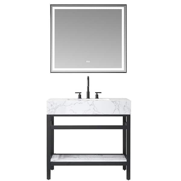 ROSWELL Ecija 36 in. W x 22 in. D x 33.9 in. H Single Sink Bath Vanity in Matte Black with White Cultured Marble Top and Mirror