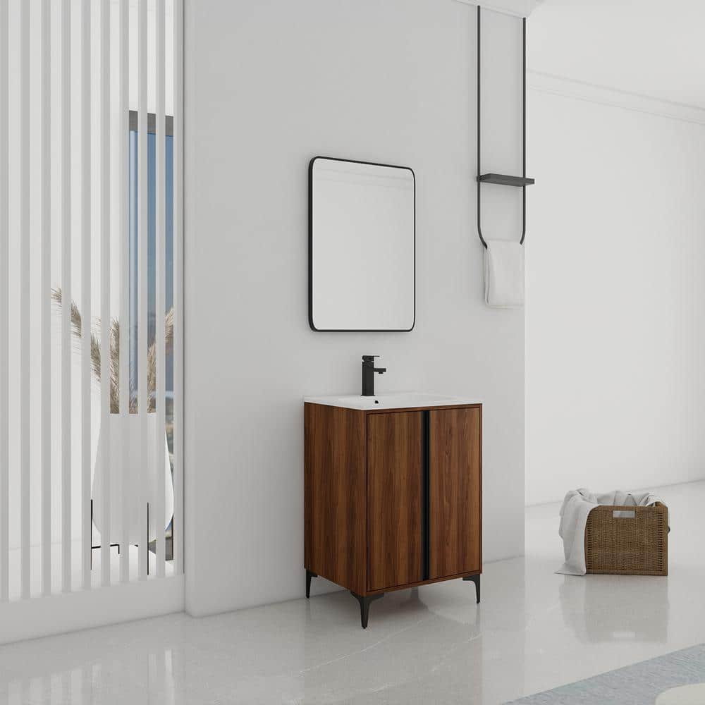 24'' Brown Walnut Single Vanity with White Resin Sink