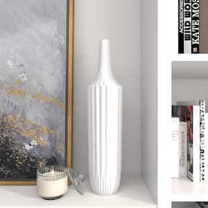 23 in. White Stripe Texture Ceramic Decorative Vase