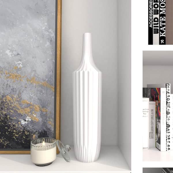 Litton Lane 23 in. White Stripe Texture Ceramic Decorative Vase