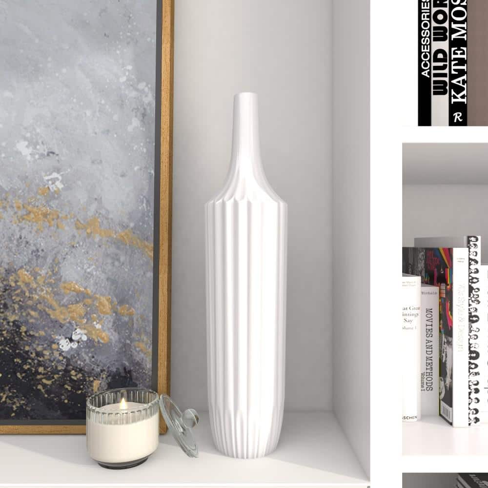 Modern White Ceramic Vase with Stripe Texture 23" Height