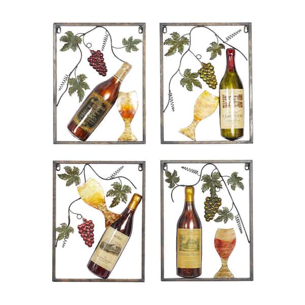 Litton Lane Metal Multi Colored Wine Wall Decor with Grapes Detailing (Set of 4)