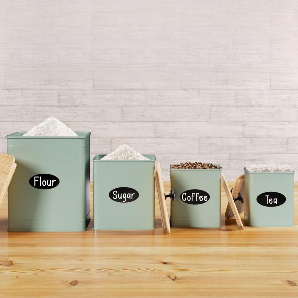 4-Piece Iron Kitchen Canister Set, Airtight Containers with Bamboo Lids and Chalkboard Labels, for Flour, Suga, in Green price history on PriceWatchPro