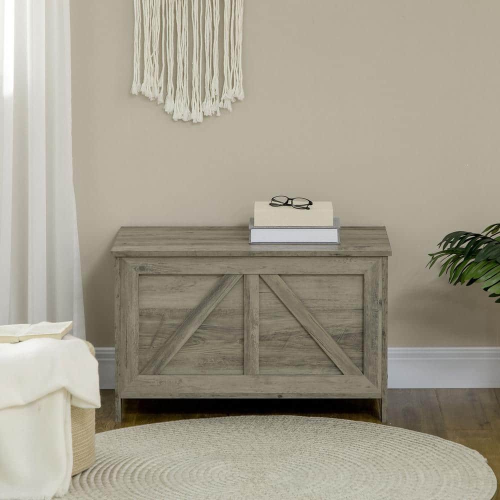 Gray Farmhouse Wooden Storage Chest with Lift Top and Safety Hinge
